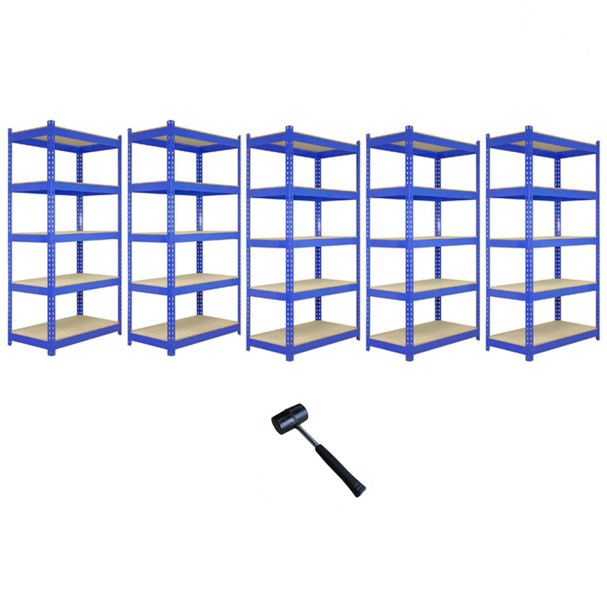 Monster Racking - Lot de 5 Rayonnages Q-Rax en Acier Bleu 90 cm x 50 cm x 182,5cm & Maillet