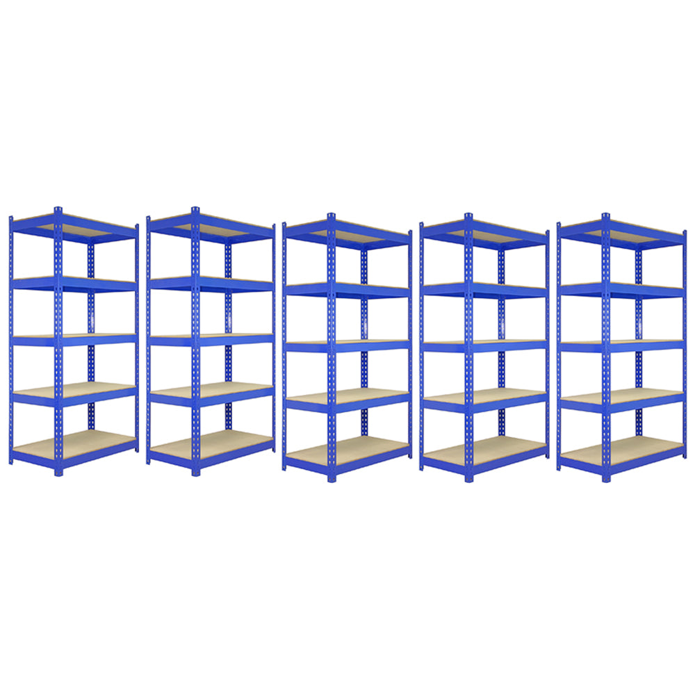 Rayonnages en acier bleu, 5 unités, dimensions 90 cm x 50 cm x 182,5 cm, étagères robustes avec finition lisse et étagères en bois clair