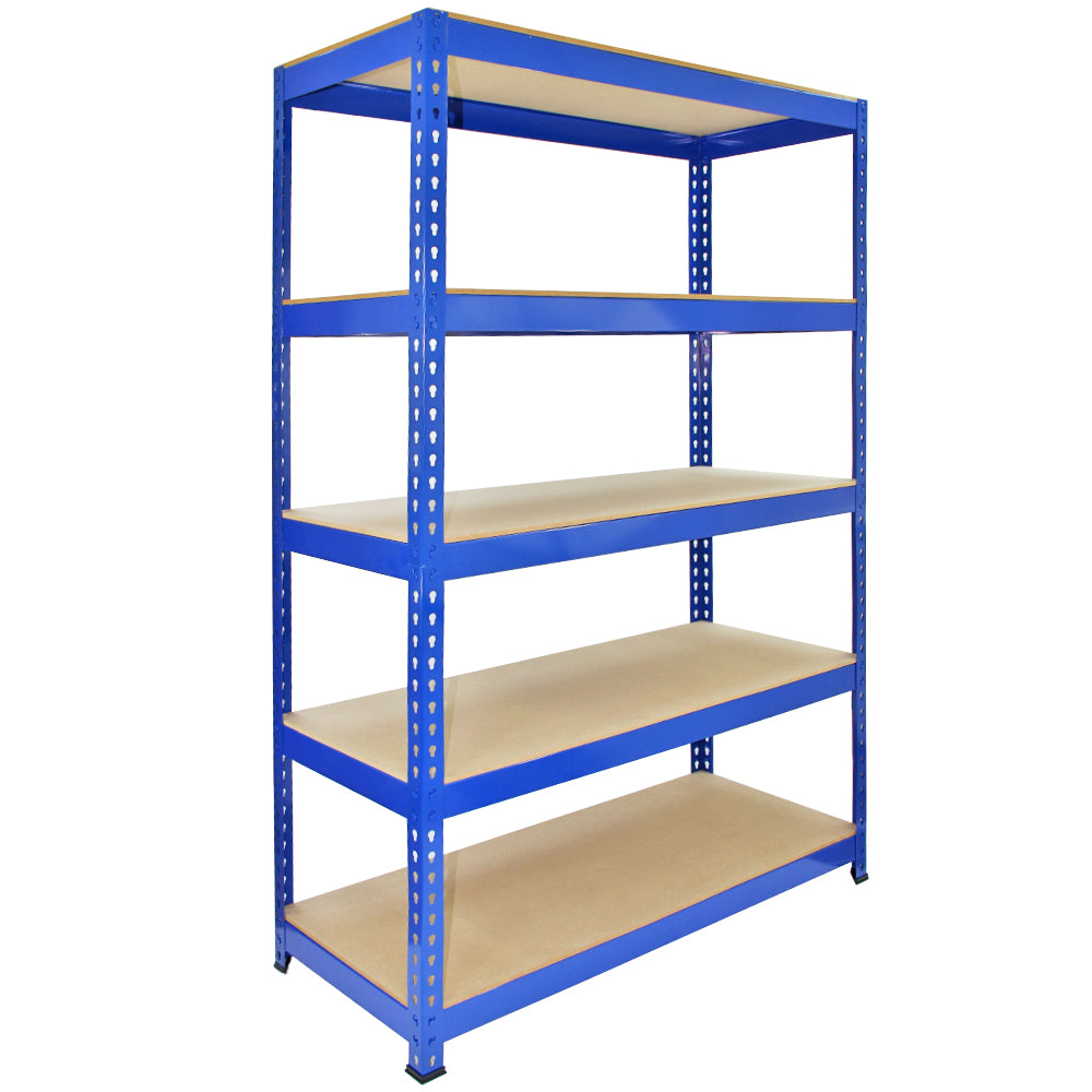 Rayonnage Q-Rax en acier bleu de 90 cm avec cinq étagères en bois, offrant une structure robuste et un design fonctionnel pour le rangement