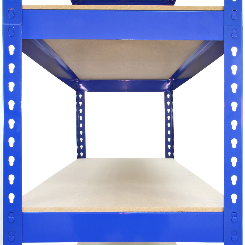 Rayonnage Q-Rax en acier bleu, dimensions 120cm x 50cm x 180cm, avec étagères en bois clair et finition lisse, idéal pour le rangement