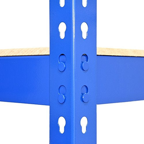 Rayonnage en acier bleu avec étagères en bois, design robuste, structure perforée pour un montage facile et une grande capacité de stockage