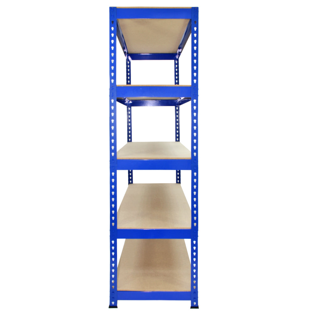 Rayonnage en acier bleu de 120 cm x 50 cm x 180 cm, avec quatre étagères en bois clair, offrant une structure robuste et moderne
