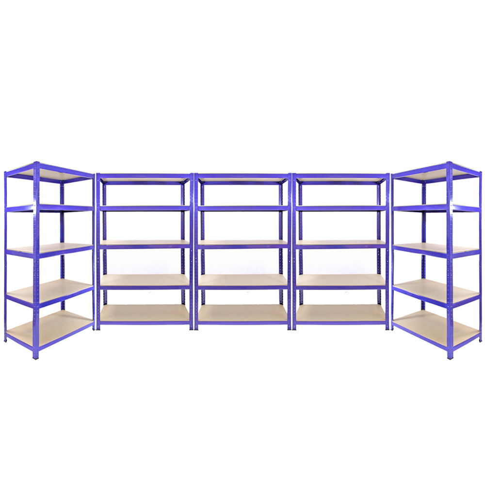 Rayonnages en acier bleu, lot de 3 unités de 120 cm et 2 unités de 90 cm, avec étagères en bois, robustes et spacieux