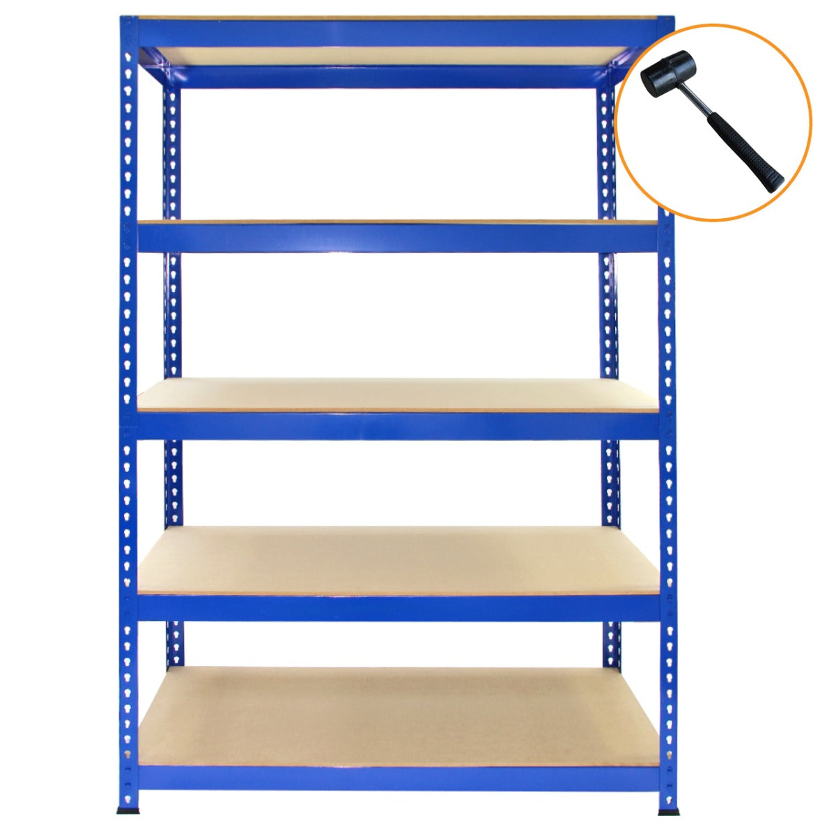 Rayonnage Q-Rax en acier bleu avec cinq étagères en bois, accompagné d'un maillet noir, idéal pour le rangement et l'organisation
