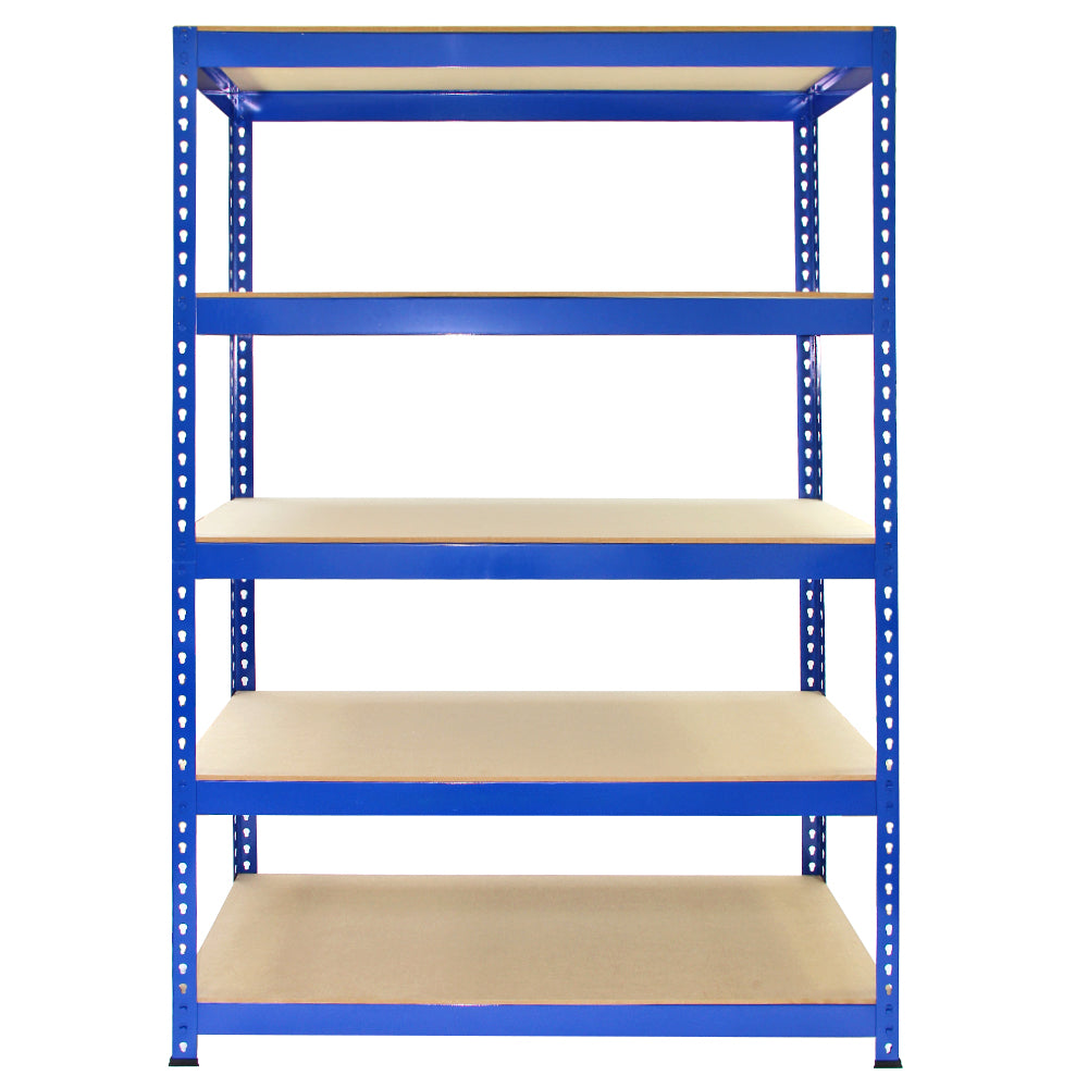 Rayonnage Q-Rax en acier bleu, dimensions 120cm x 50cm x 180cm, avec cinq étagères en bois clair et maillet inclus