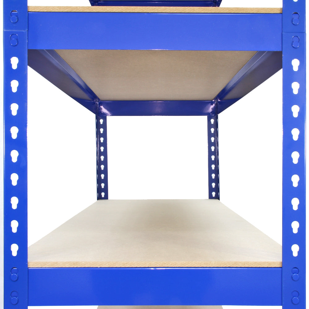 Rayonnage Q-Rax en acier bleu, dimensions 120cm x 50cm x 180cm, avec étagères en bois clair, maillet inclus pour assemblage