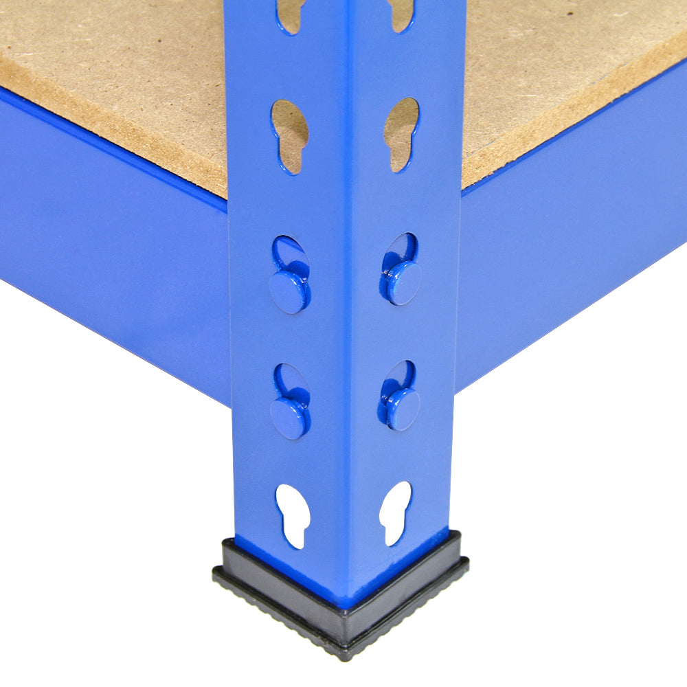 Rayonnage Q-Rax en acier bleu avec étagère en bois, poteaux robustes, finition lisse et pieds en plastique pour stabilité