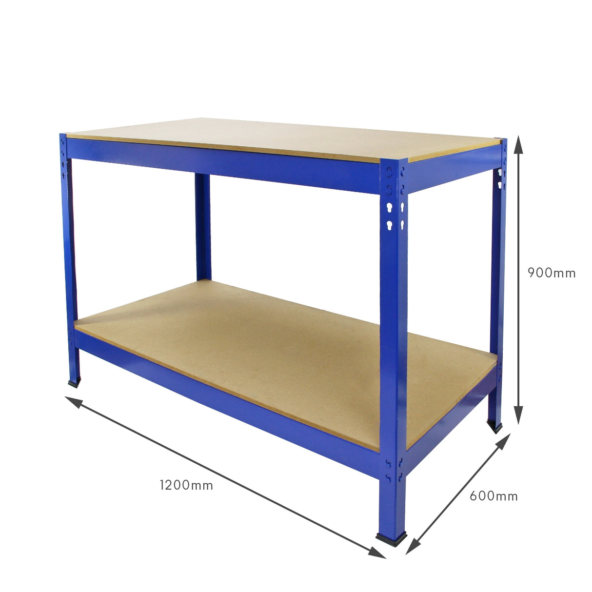 Rayonnage en acier bleu avec étagères en MDF, dimensions 1200mm x 600mm x 900mm, idéal pour le rangement et l'organisation