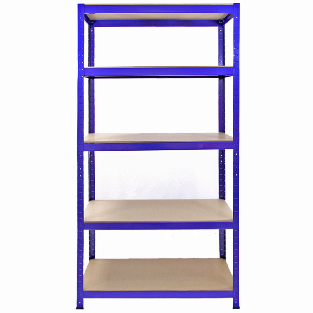 Rayonnage T-Rax en acier bleu avec cinq étagères en bois clair, dimensions 90cm x 45cm x 182,5cm, idéal pour le rangement robuste