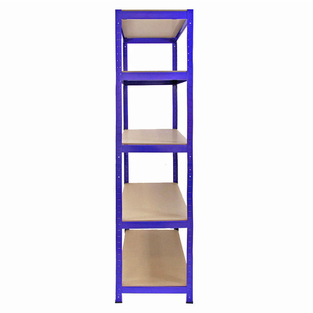 Rayonnage en acier bleu avec cinq étagères en bois, dimensions 90cm x 45cm x 182,5cm, idéal pour le rangement et l'organisation
