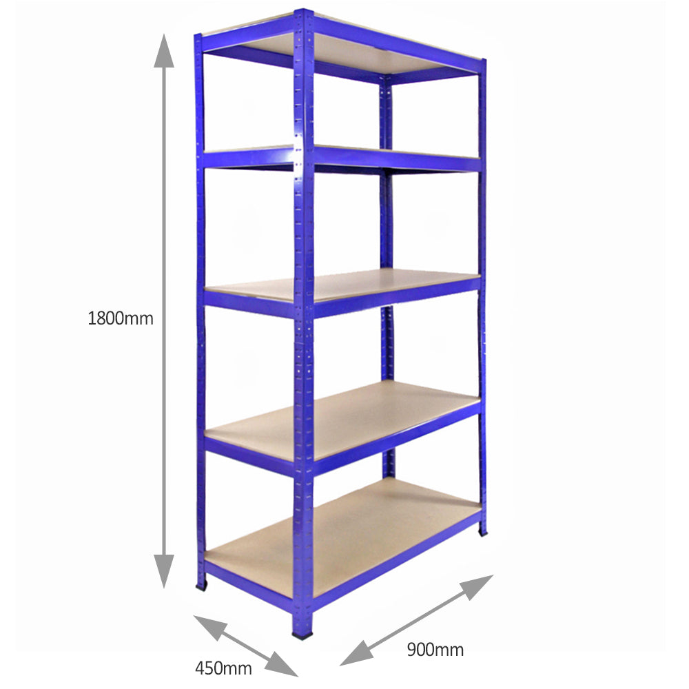 Rayonnage T-Rax en acier bleu, dimensions 90cm x 45cm x 182,5cm, avec quatre étagères robustes et une finition lisse