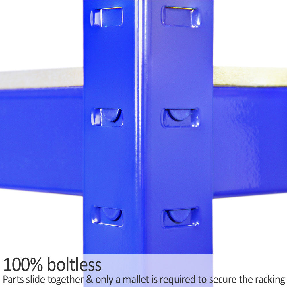 Rayonnage T-Rax en acier bleu, sans boulons, montrant les connecteurs et la texture lisse, idéal pour un stockage robuste et organisé
