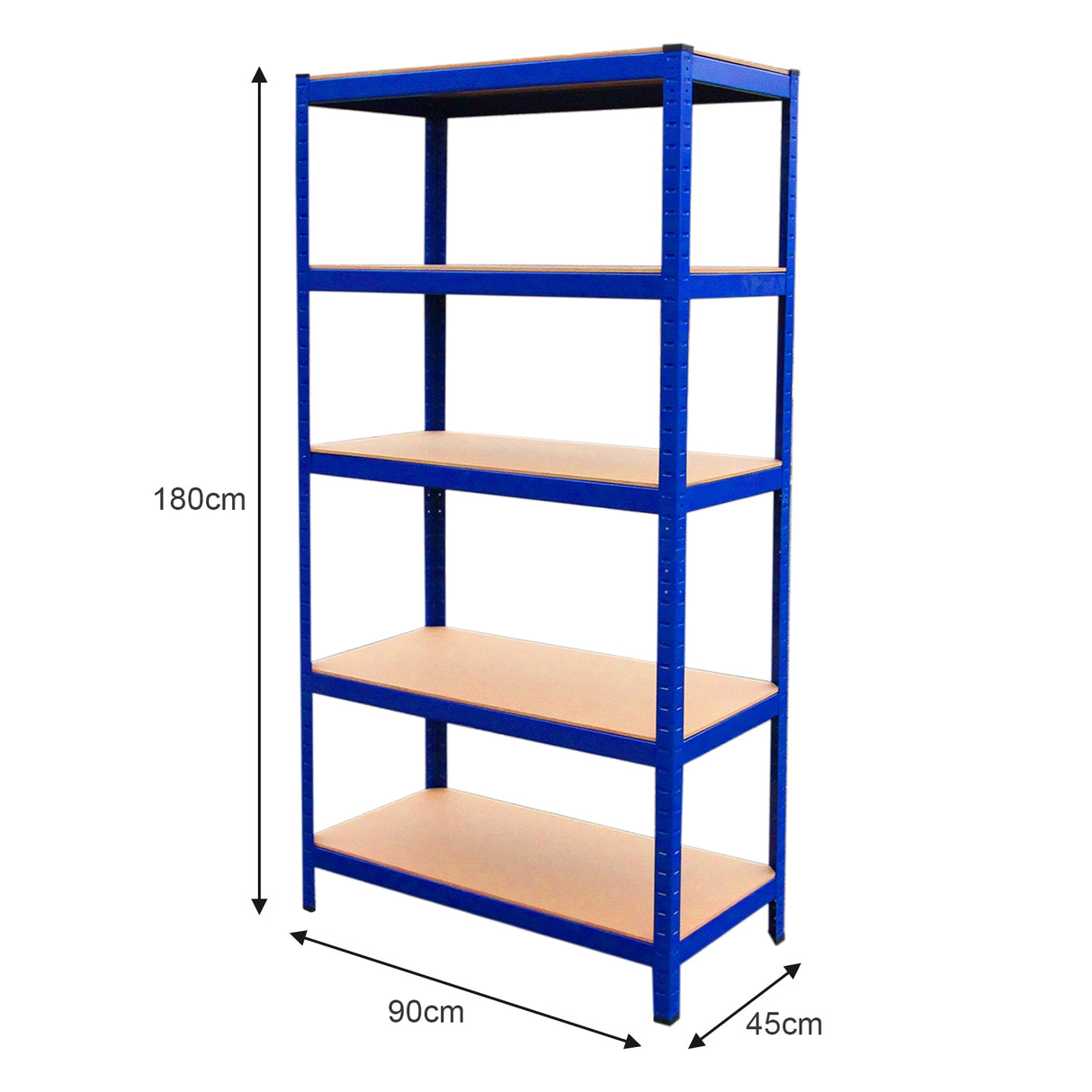 Rayonnage T-Rax en acier bleu de 180 cm de hauteur, 90 cm de largeur et 45 cm de profondeur, avec étagères en bois naturel