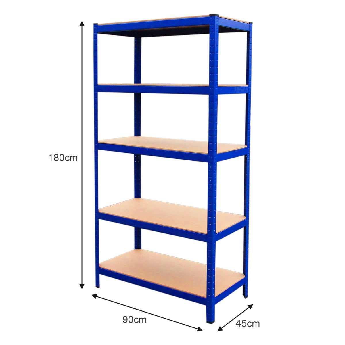 Rayonnage T-Rax en acier bleu de 180 cm de hauteur, 90 cm de largeur et 45 cm de profondeur, avec étagères en bois clair et surface lisse