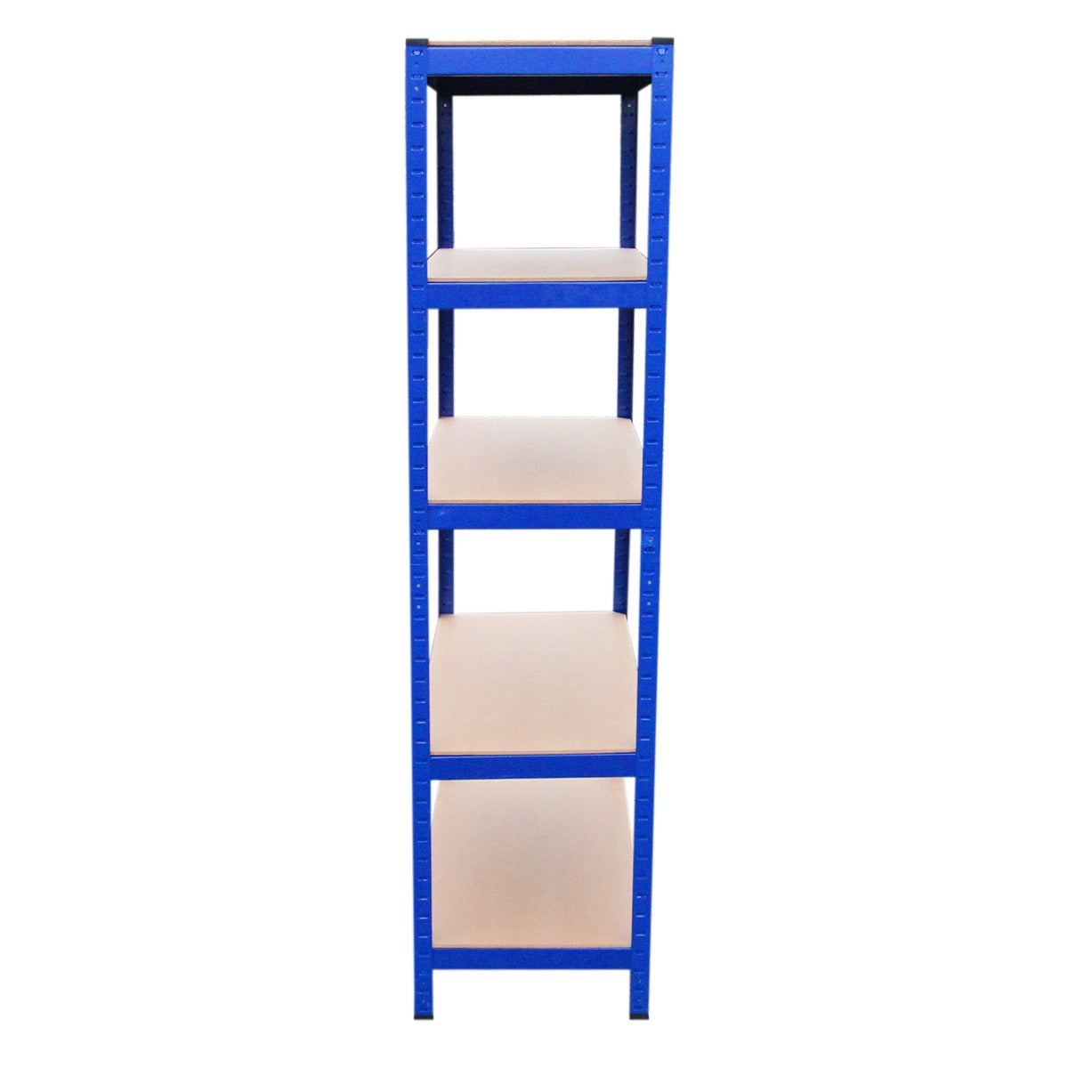 Rayonnage T-Rax en acier bleu, dimensions 90cm x 45cm x 180cm, avec quatre étagères en bois clair, robuste et moderne
