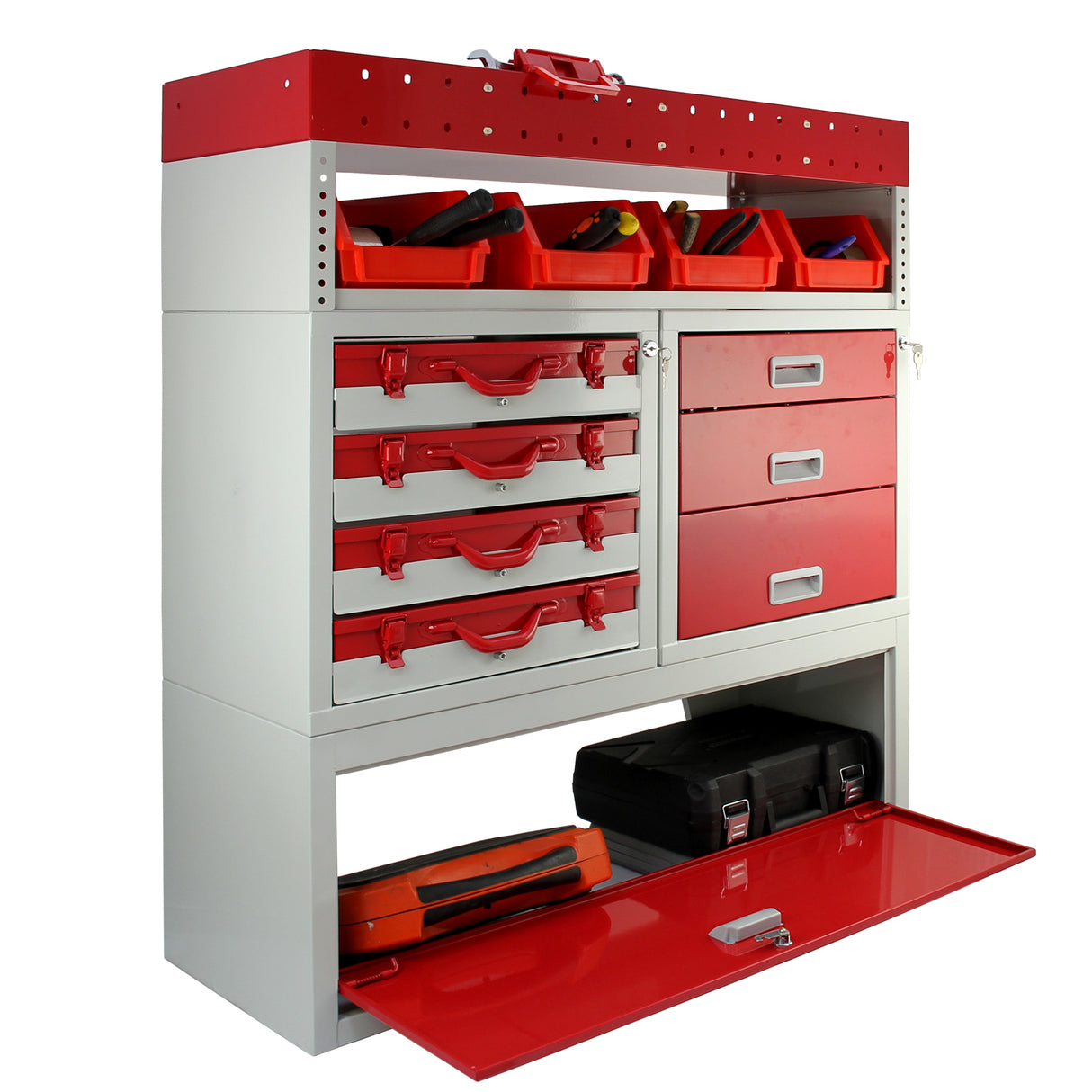 Rayonnage utilitaire en acier rouge avec tiroirs, casiers et compartiments pour outils, offrant une organisation optimale et robuste