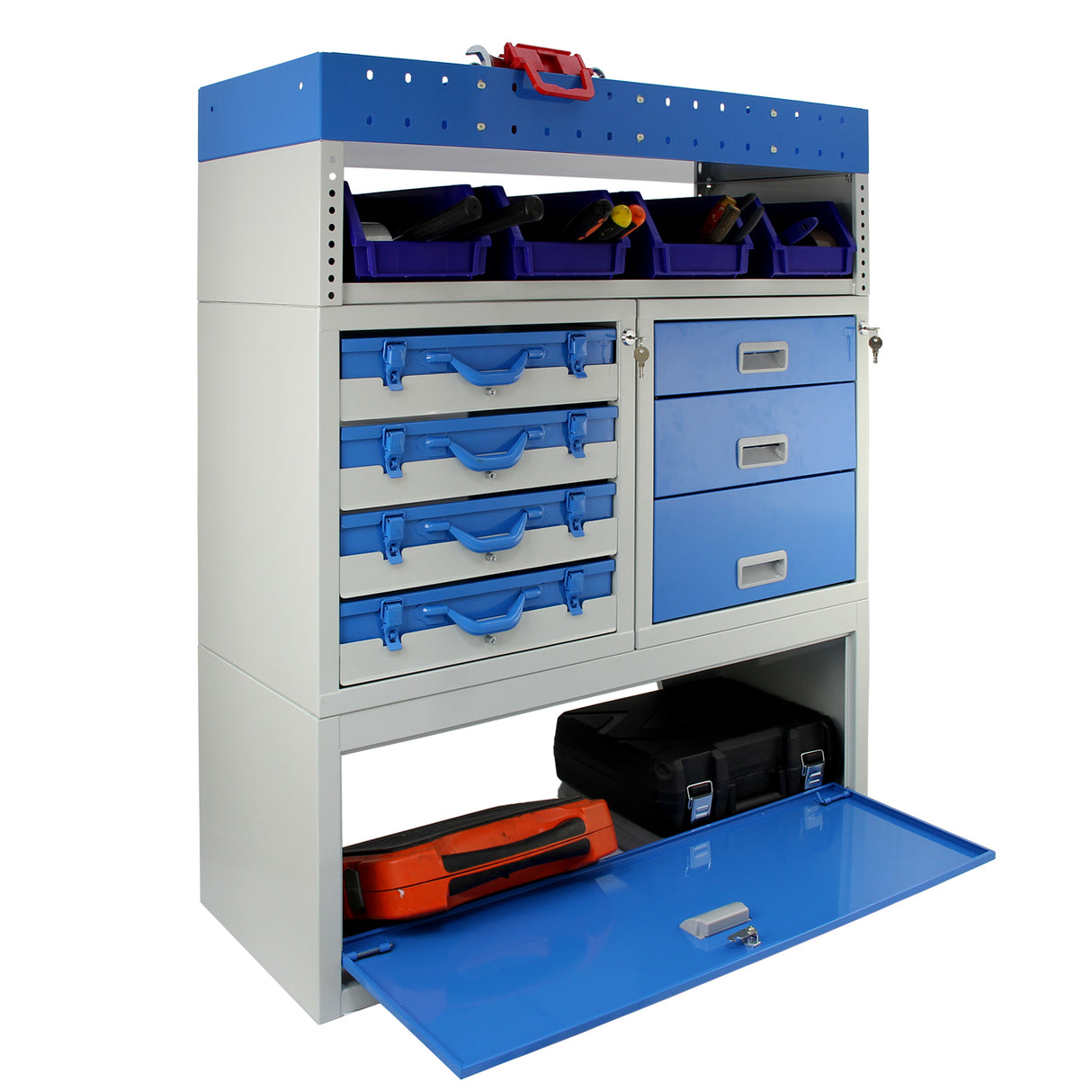 Rayonnage utilitaire en acier bleu « Tempest » avec tiroirs, casiers et surface de travail, idéal pour l'organisation d'outils et d'équipements