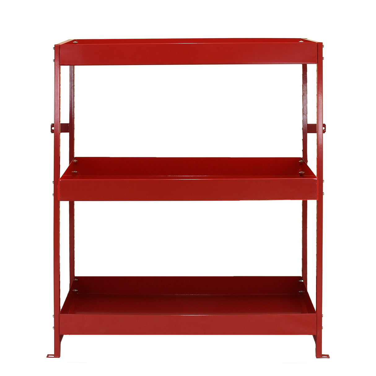 Rayonnage en acier rouge « Volcano » avec trois étagères ouvertes, idéal pour le rangement dans un van ou un garage, finition lisse et robuste