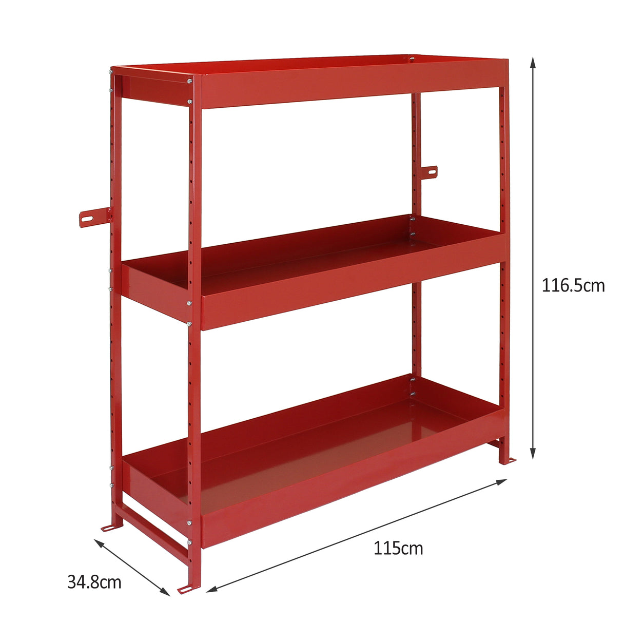 Rayonnage en acier rouge « Volcano » avec trois étagères, dimensions 115 cm de large, 34,8 cm de profondeur et 116,5 cm de hauteur