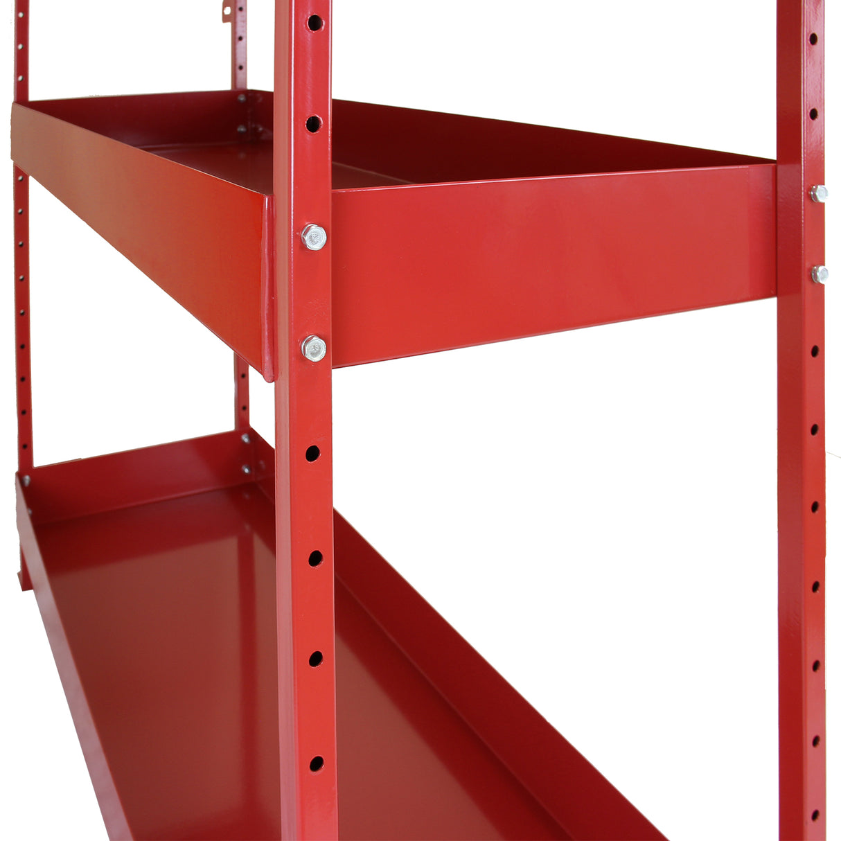 Rayonnage en acier rouge « Volcano » avec étagères robustes, finition lisse et design moderne, idéal pour le rangement dans un van