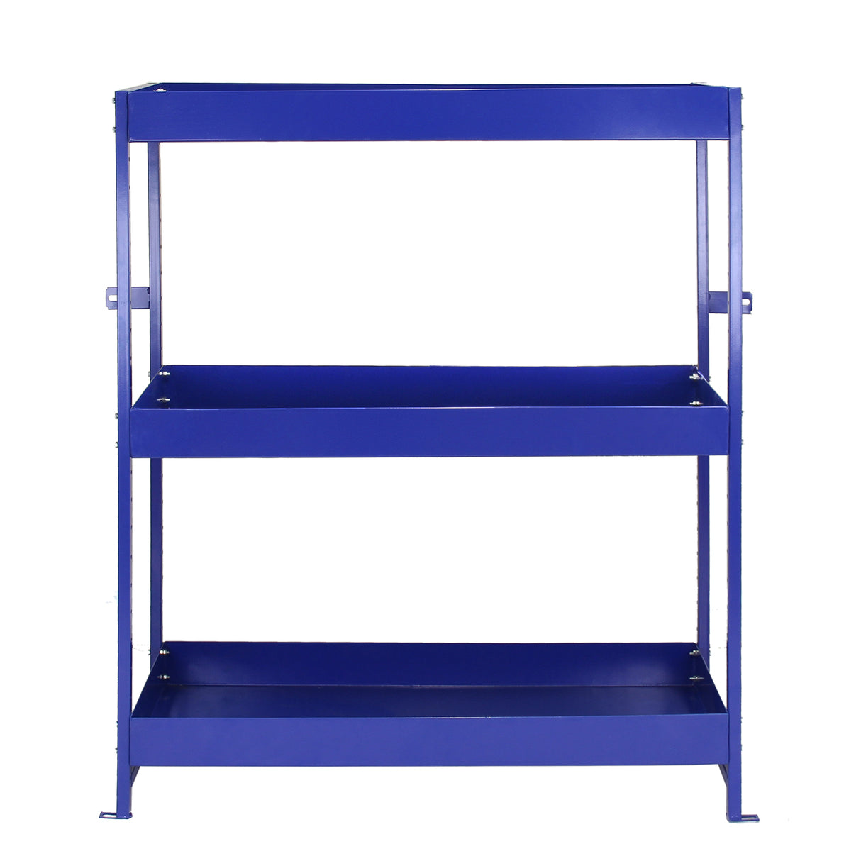 Rayonnage en acier bleu « Lightning » avec trois étagères ouvertes, idéal pour le rangement dans un van ou un garage