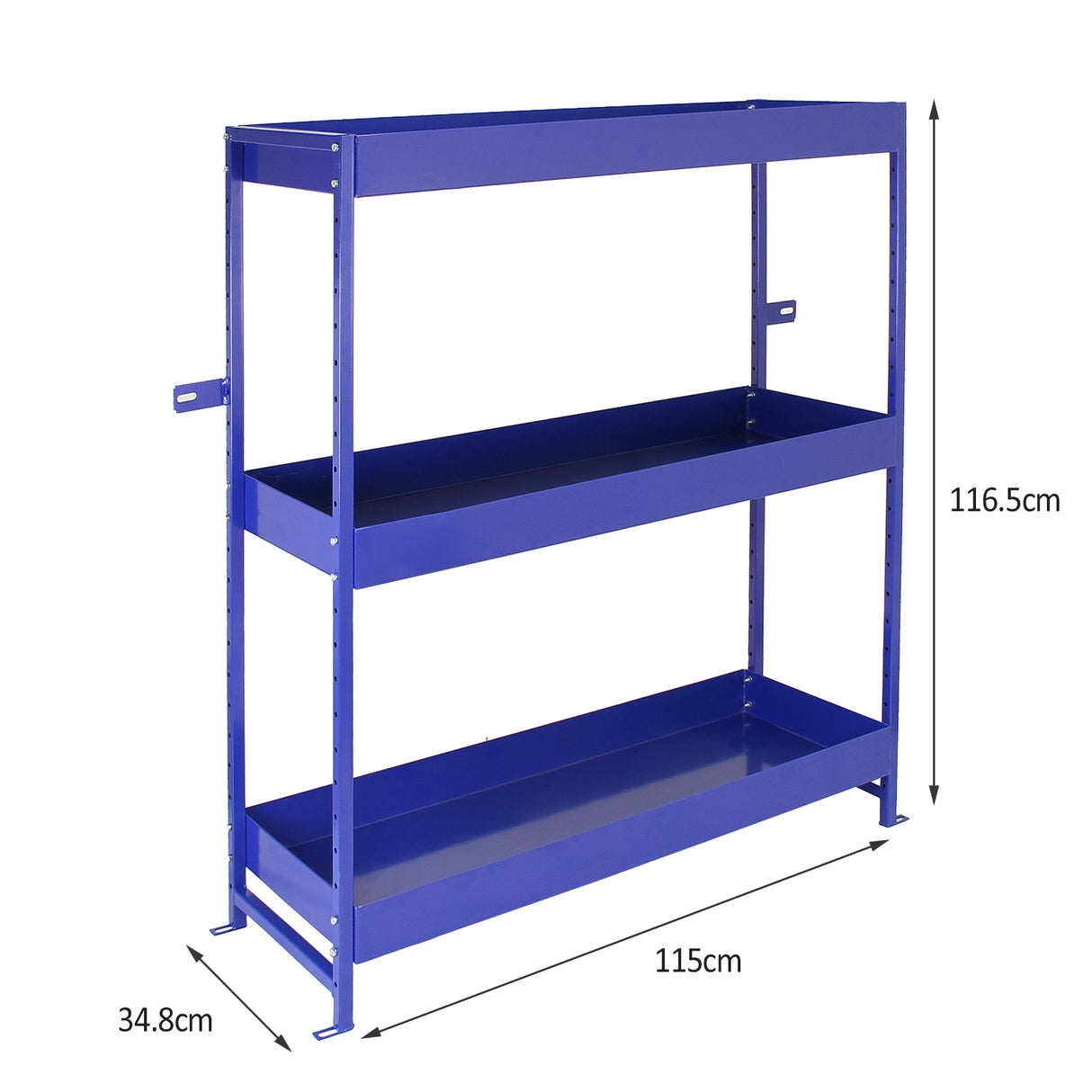 Rayonnage à étagères en acier bleu « Lightning », trois niveaux, dimensions 115 cm de large, 116,5 cm de haut, 34,8 cm de profondeur