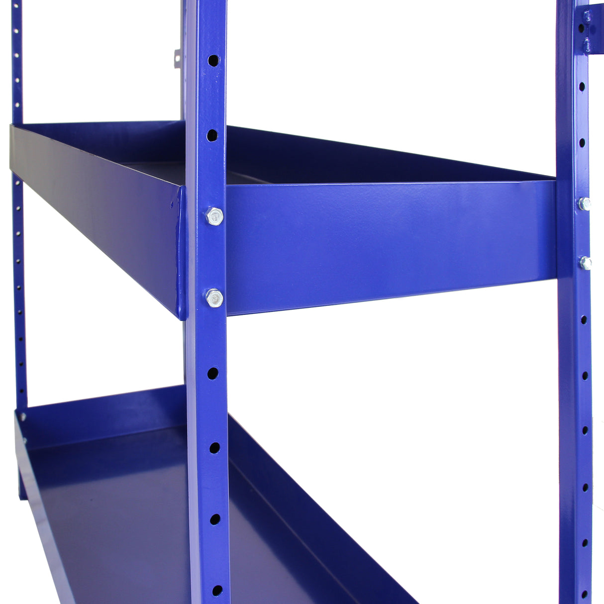 Rayonnage en acier bleu « Lightning » avec étagères robustes, finition lisse et design moderne, idéal pour le rangement dans un van