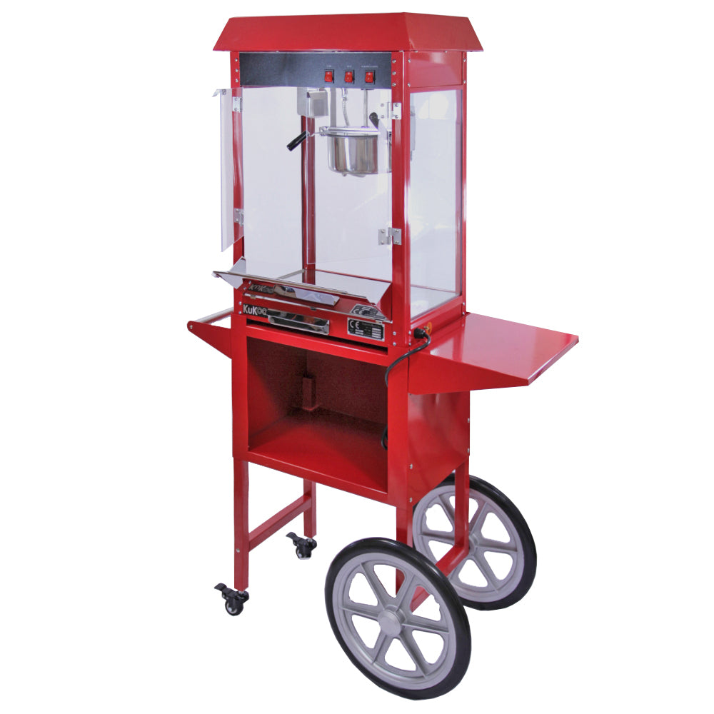 Machine à popcorn en inox rouge avec chariot, design vintage, fenêtres en verre transparent, roulettes pour un déplacement facile