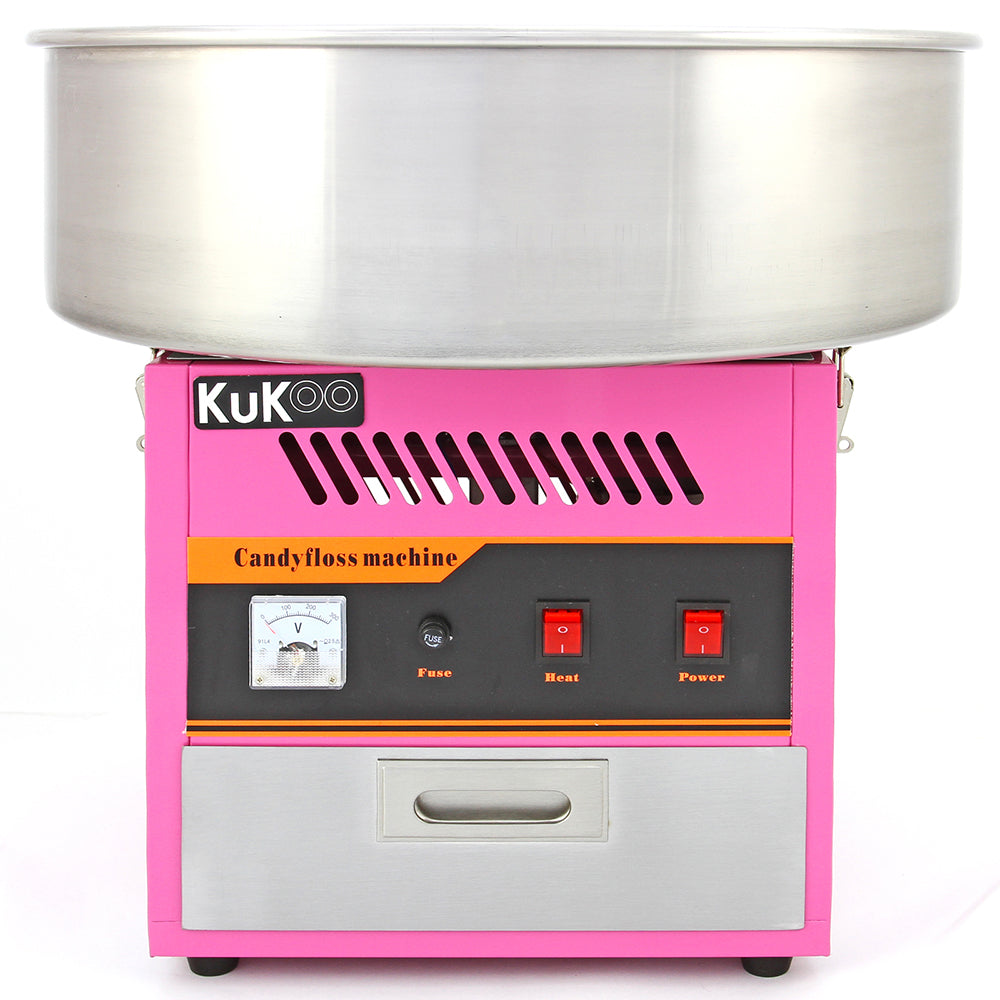 Machine à barbe à papa KuKoo, couleur rose vif avec un grand bol en acier inoxydable, boutons de contrôle rouge et design moderne