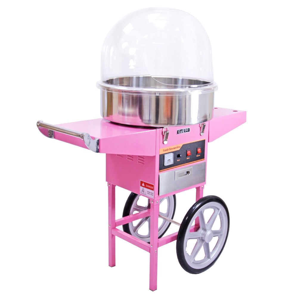 Machine à barbe à papa rose vif avec chariot, dôme transparent et cuve en acier inoxydable, idéale pour les fêtes et événements