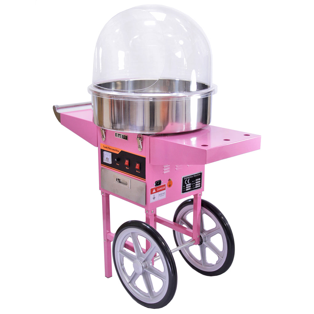 Machine à barbe à papa rose avec chariot, dôme transparent, cuve en acier inoxydable et roues blanches pour un transport facile