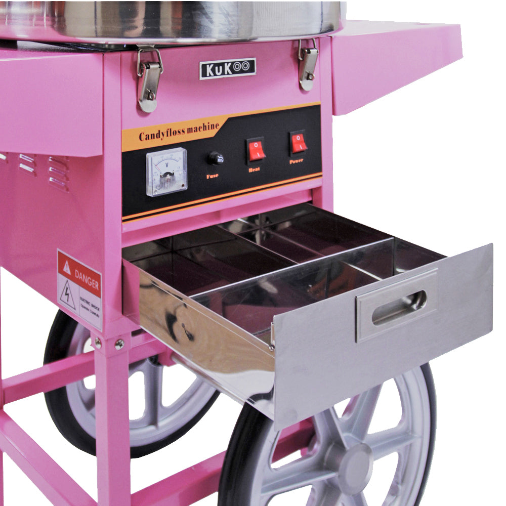 Machine à barbe à papa KuKoo rose avec chariot, dôme protecteur, boutons de contrôle et tiroir en acier inoxydable brillant