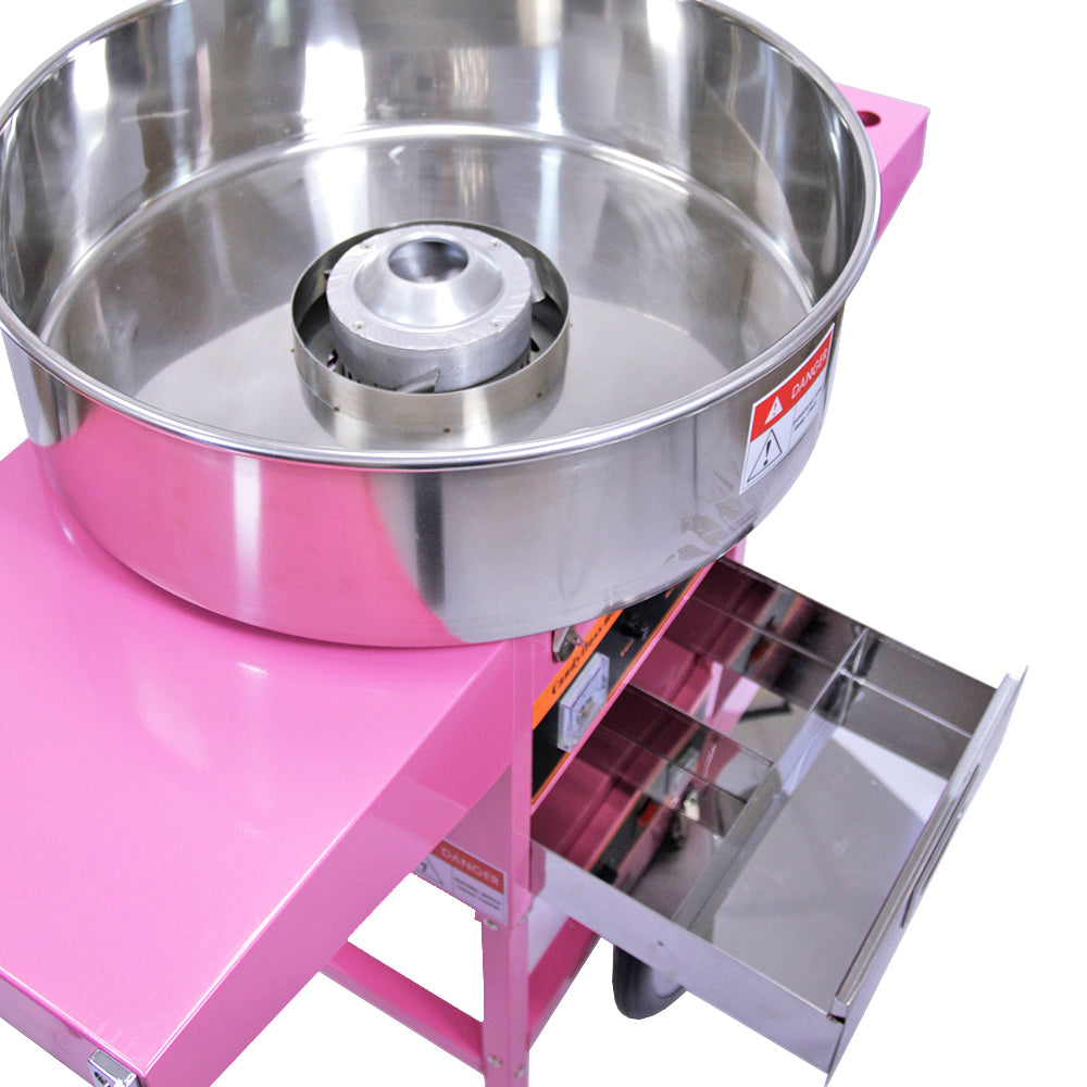 Machine à barbe à papa rose vif avec un grand bol en acier inoxydable, chariot pratique et tiroir de rangement en métal brillant