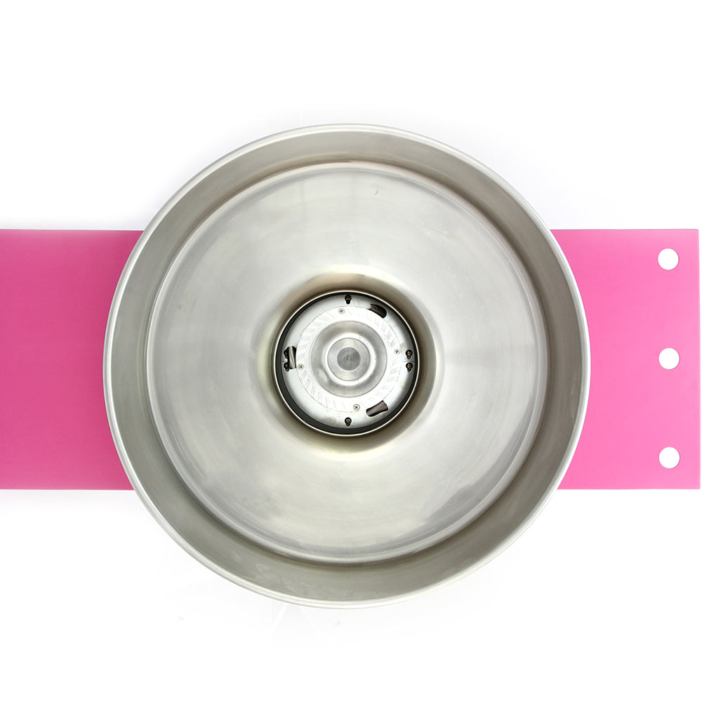 Bol en acier inoxydable brillant pour machine à barbe à papa, monté sur un chariot rose vif, avec un design circulaire élégant