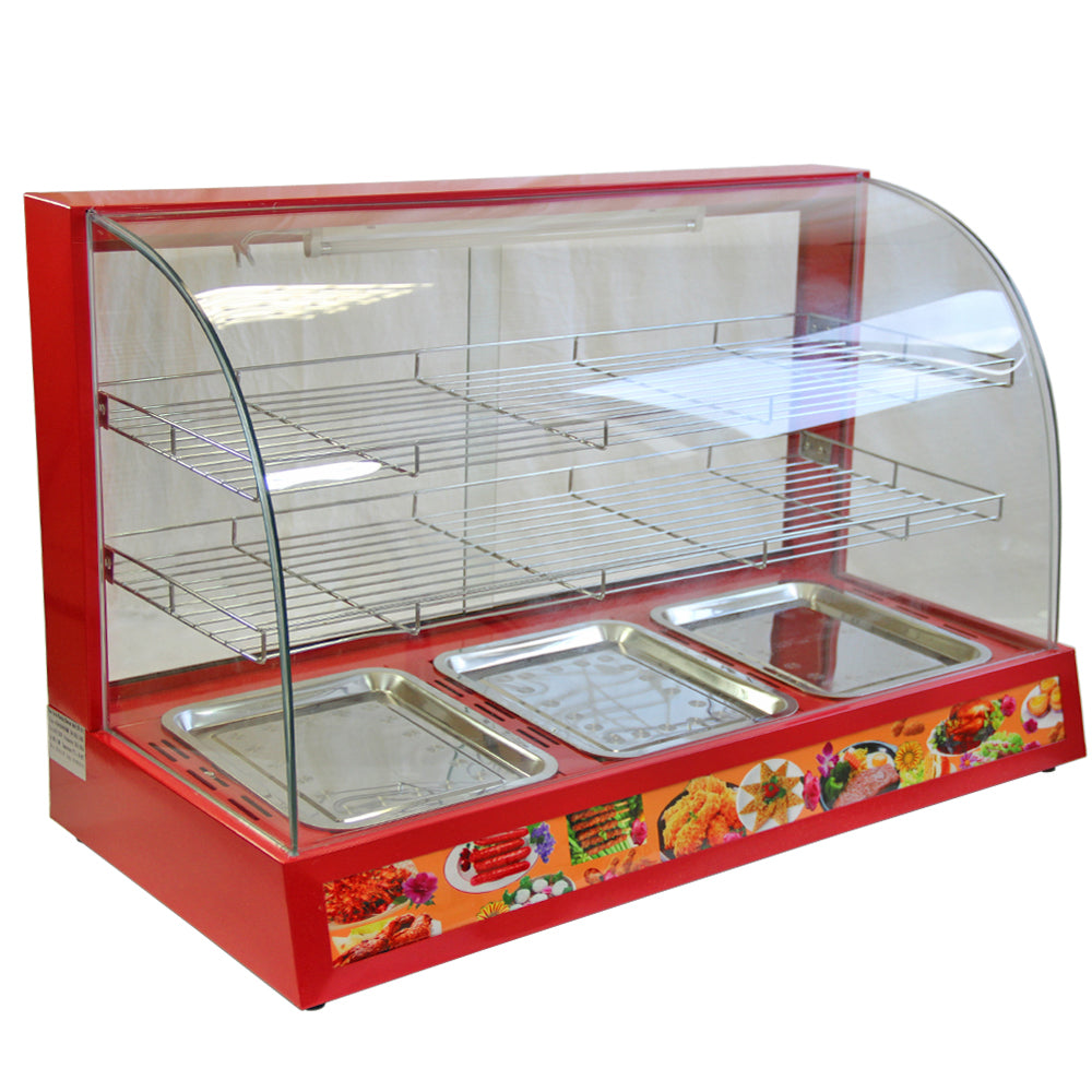 Vitrine chauffe-plats électrique rouge de 90 cm avec trois bacs en inox, étagères en fil métallique et parois en verre transparent