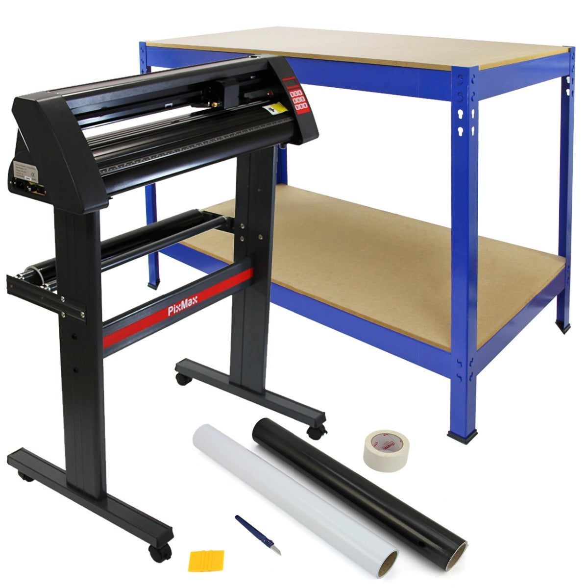 Kit de découpe de vinyle Q-Rax en acier bleu avec rouleau de vinyle, table de travail et accessoires, design robuste et pratique
