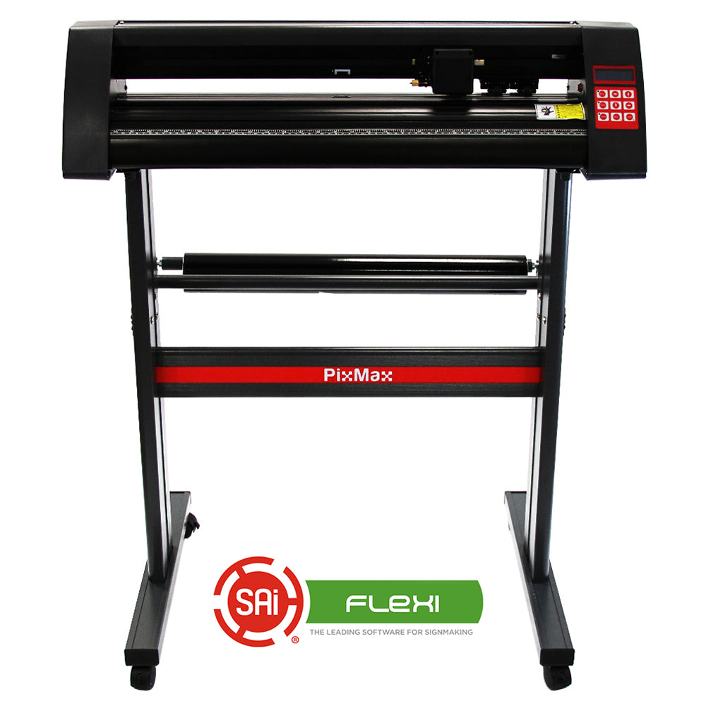 Kit de découpe de vinyle Q-Rax en acier bleu, avec rouleau, écran de contrôle et logo PixMax, conçu pour un usage en atelier
