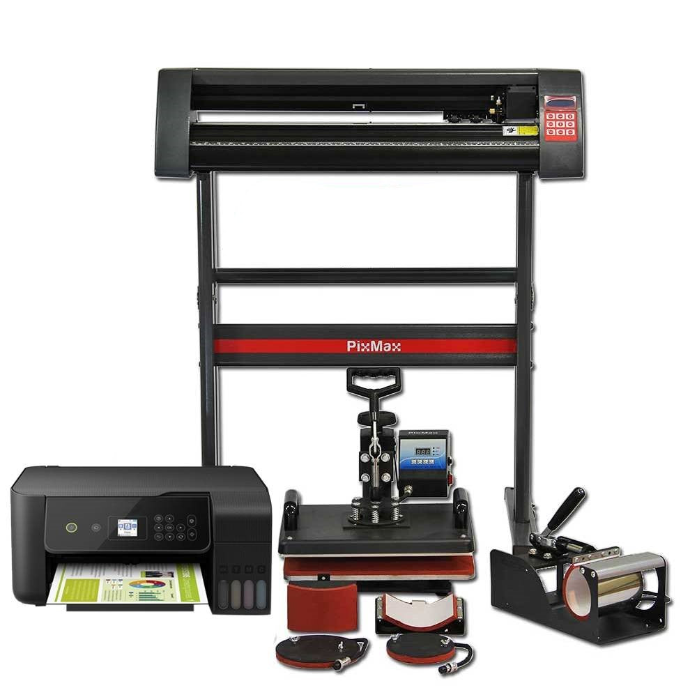 Presse à chaud 5 en 1 PixMax avec plotter de découpe, imprimante, et accessoires, finition noire et rouge, design moderne et fonctionnel