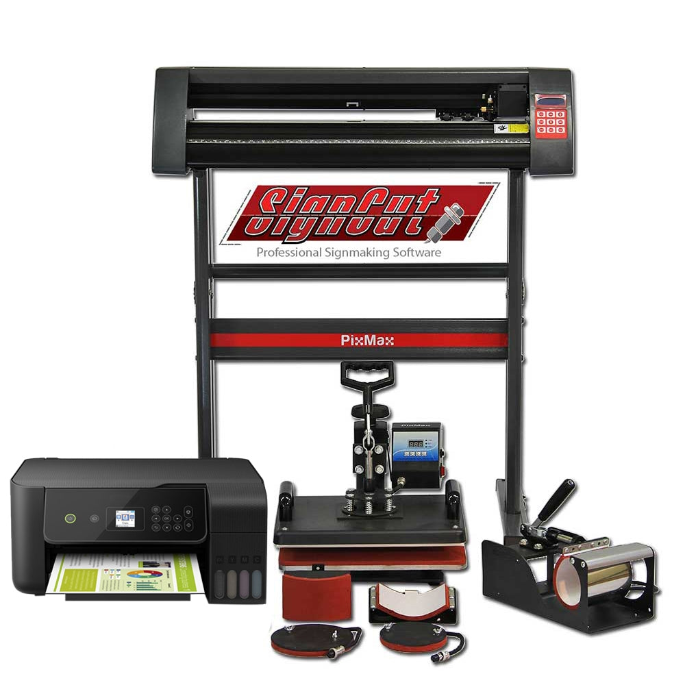 Presse à chaud 5 en 1 PixMax avec plotter de découpe vinyle et imprimante, finition noire et rouge, accessoires variés pour création personnalisée