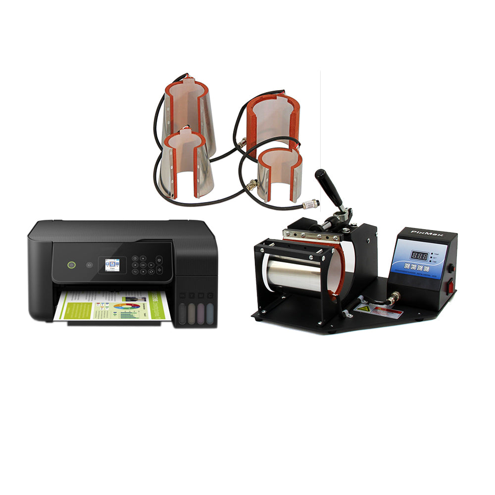 Presse à chaud PixMax pour tasses, imprimante multifonction noire et accessoires, avec rouleau argenté et poignées ergonomiques rouges
