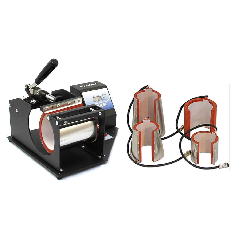 Presse à chaud PixMax pour tasses, avec éléments de chauffage en métal et silicone, finition noire et rouge, design compact et fonctionnel