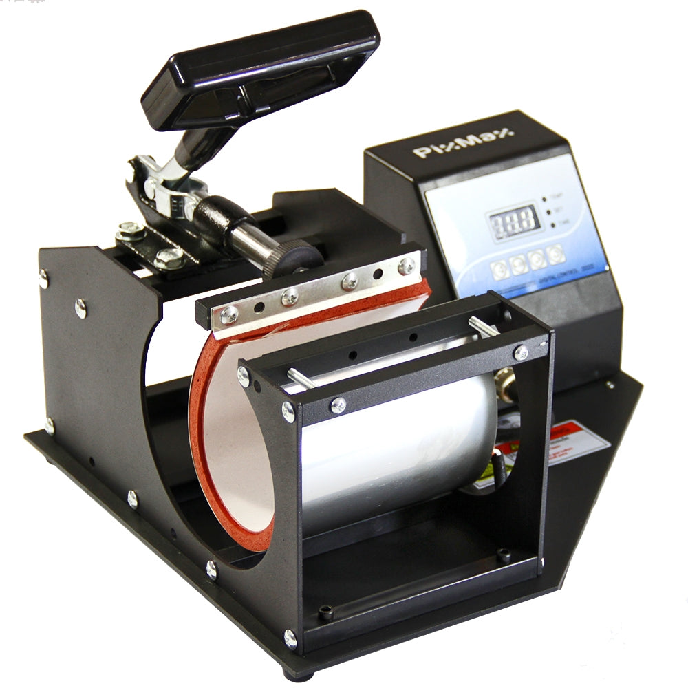 Presse à chaud PixMax pour tasses, avec un design noir élégant, écran numérique et rouleau pour transfert d'images sur céramique