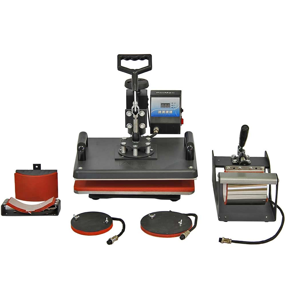 Presse à chaud 5 en 1 avec écran numérique, accessoires variés, surfaces noires et rouges, idéale pour le transfert de vinyle
