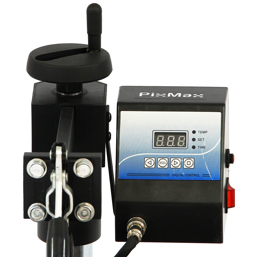 Presse à chaud PixMax avec écran numérique, boutons de contrôle, et levier noir, idéale pour la découpe et l'impression de vinyle