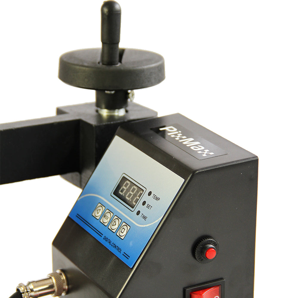 Presse à chaud PixMax pour casquettes, avec écran numérique, boutons de contrôle rouge et noir, structure robuste en métal noir