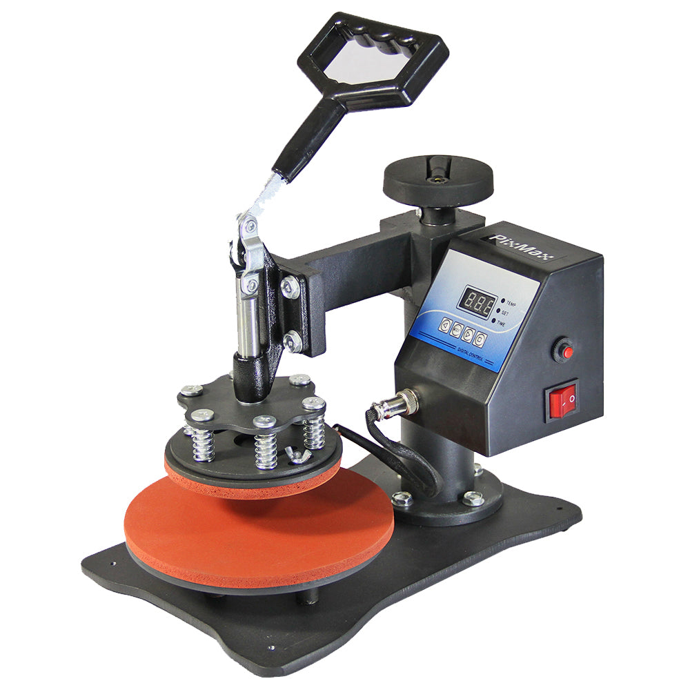 Presse à chaud PixMax pour assiettes avec plateau rouge, bras de levage noir et écran numérique pour un contrôle précis de la température