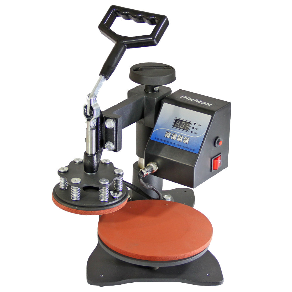 Presse à chaud PixMax pour assiettes, avec plateau rond orange, poignée ergonomique et écran numérique pour un contrôle précis de la température