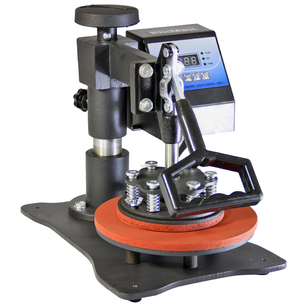 Presse à chaud pour assiettes PixMax avec poignée ergonomique, base noire, plateau rouge et écran numérique pour réglages précis