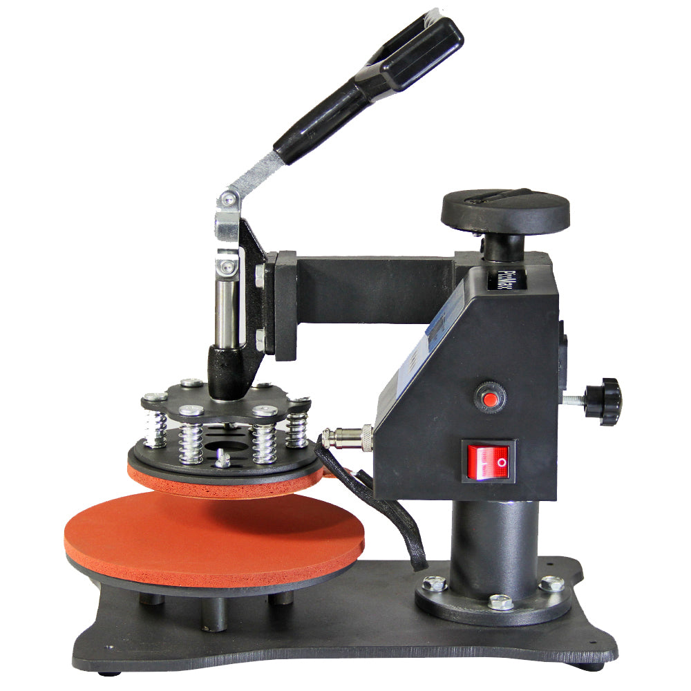 Presse à chaud pour assiettes avec un plateau rouge, un levier noir et un design robuste en métal, idéale pour le transfert de chaleur