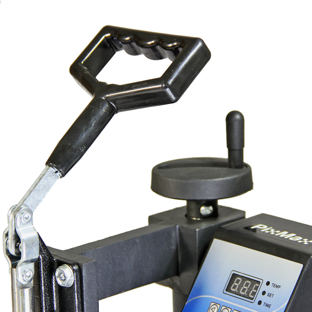 Presse à chaud PixMax avec poignée ergonomique noire, écran numérique, et bouton de réglage pour la température et le temps